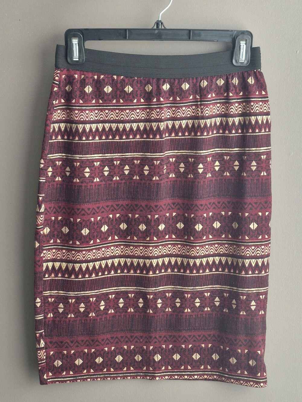 Burgundy and Gold Tribal Patterned Pencil Skirt